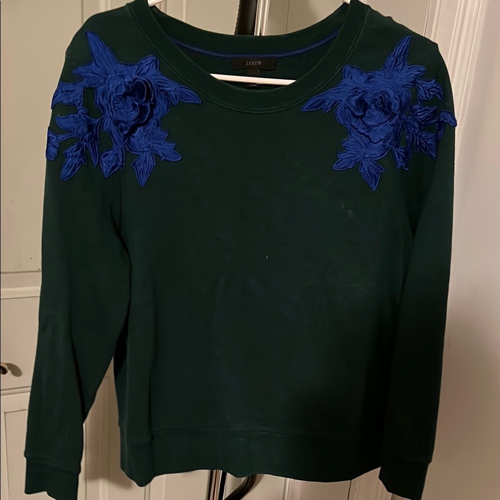 J Crew Hunter Hunter Green Sweatshirt with Colbalt Blue Floral Accents